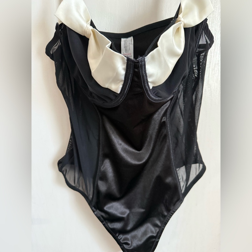 Forever 21 Black Satin & Cream Bow Bustier Bodysuit